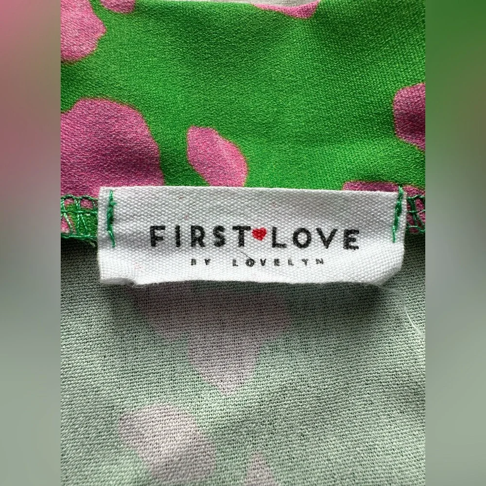 First Love Green Pink Leopard Blouse Puff Sleeve Preppy Chic Top - Picture 4 of 6